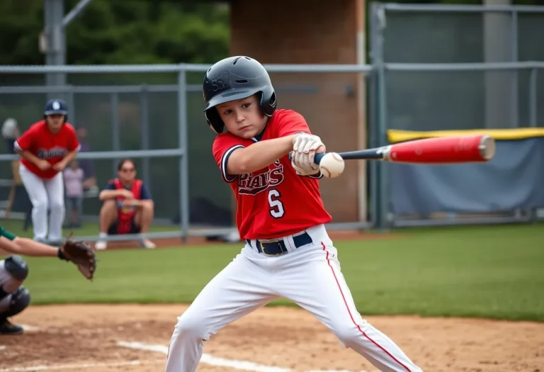 Young baseball player hitting a ball during a game.