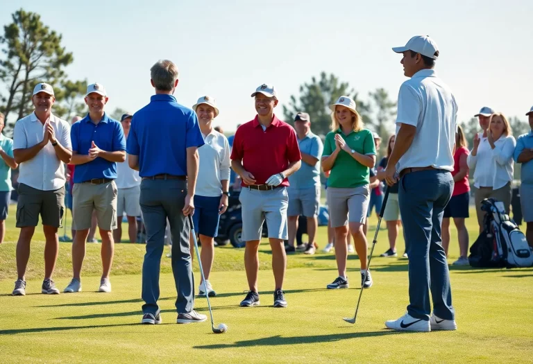 High school golf team playing on the course with fans cheering.