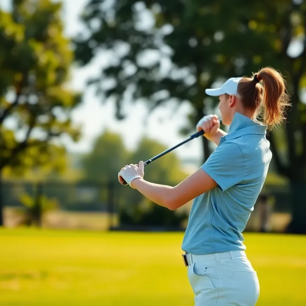 Young female golfer practicing her swing on a sunny golf course