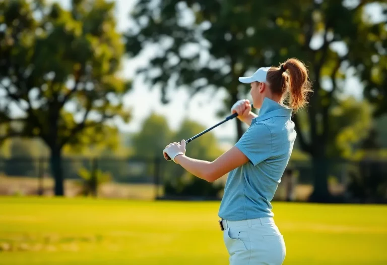 Young female golfer practicing her swing on a sunny golf course