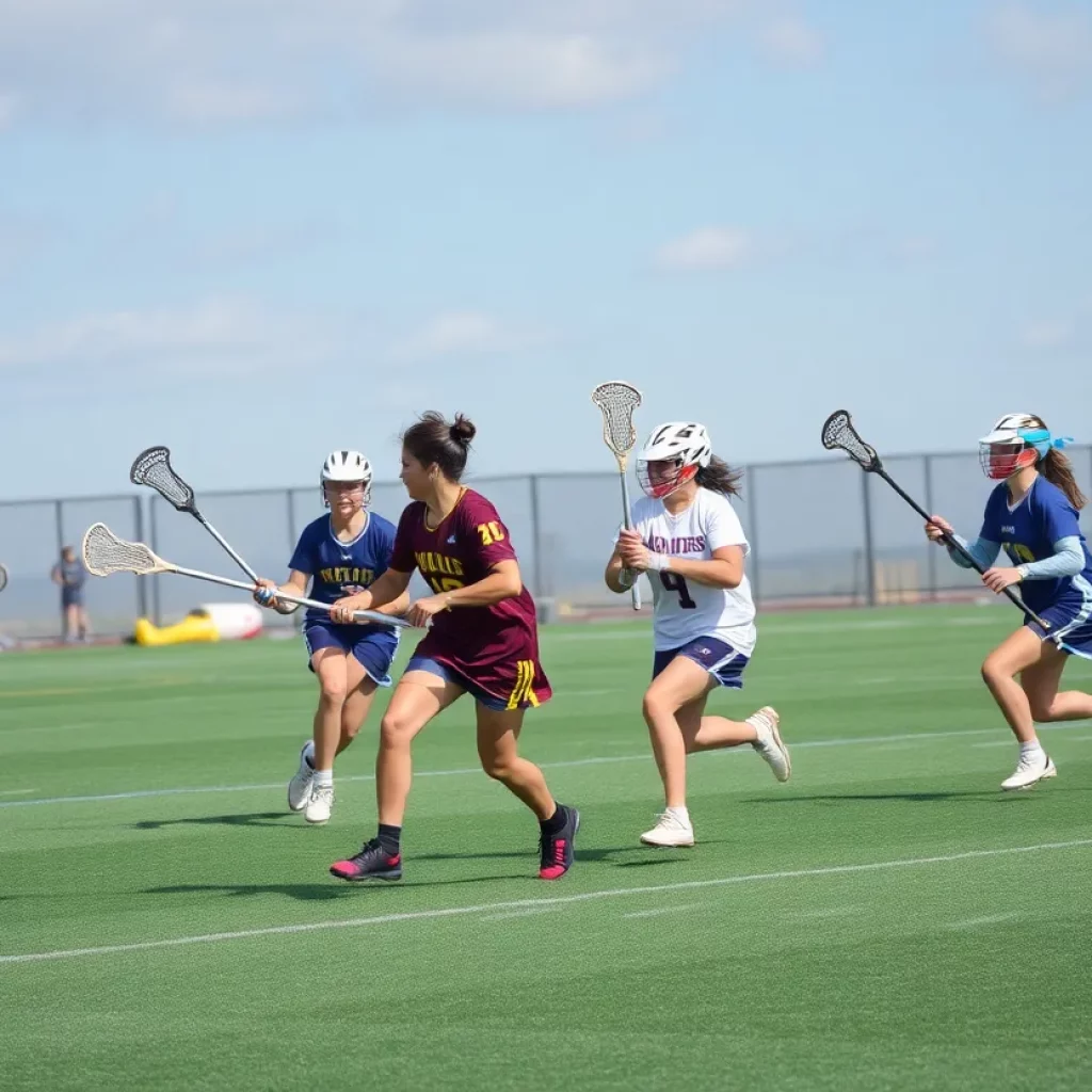 Lake Norman Wildcats players competing in a lacrosse game.