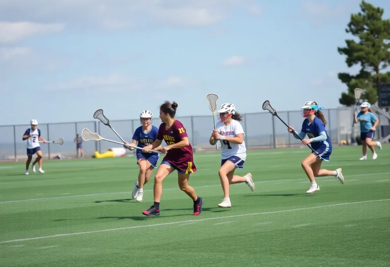 Lake Norman Wildcats players competing in a lacrosse game.