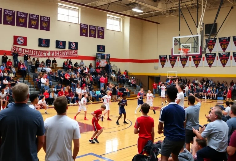 High school basketball players competing during a game with an enthusiastic audience.