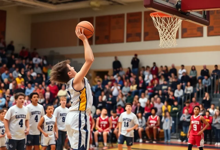 Young athlete scoring during a high school basketball game in Madawaska