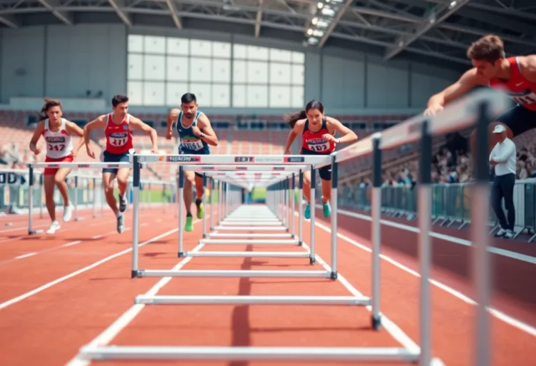 Track and field scene featuring hurdles and athletes in action