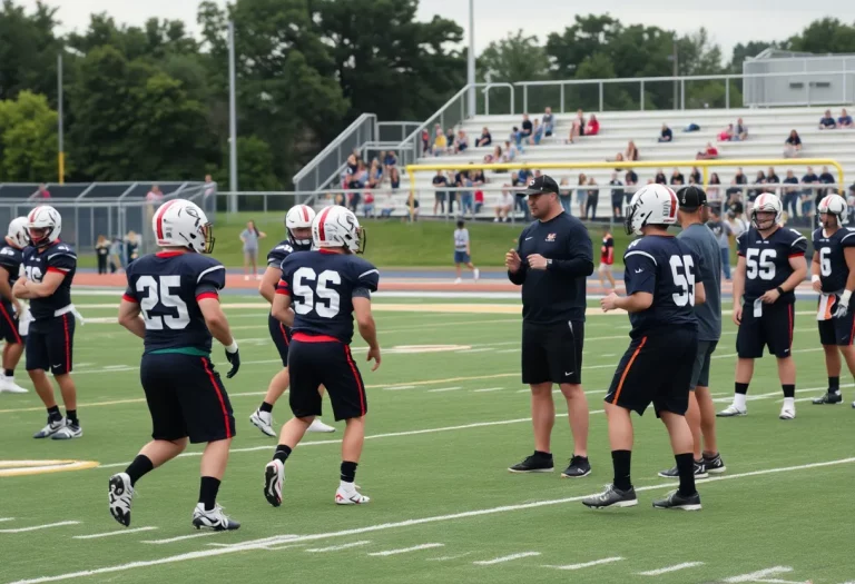 Players practicing football at Masuk High School