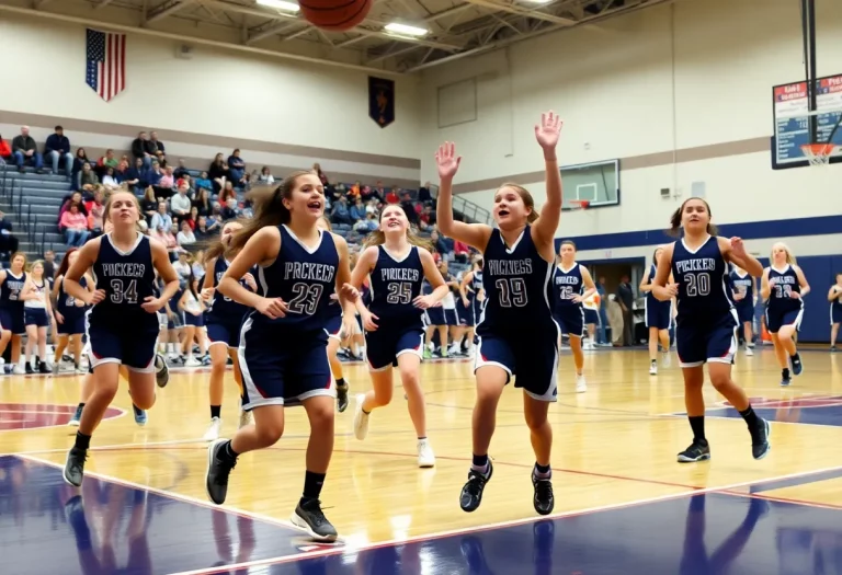 Action shot from a high school girls basketball game in Nebraska