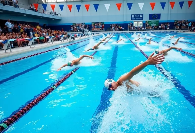 Competitive swimmers at the starting block during a championship event