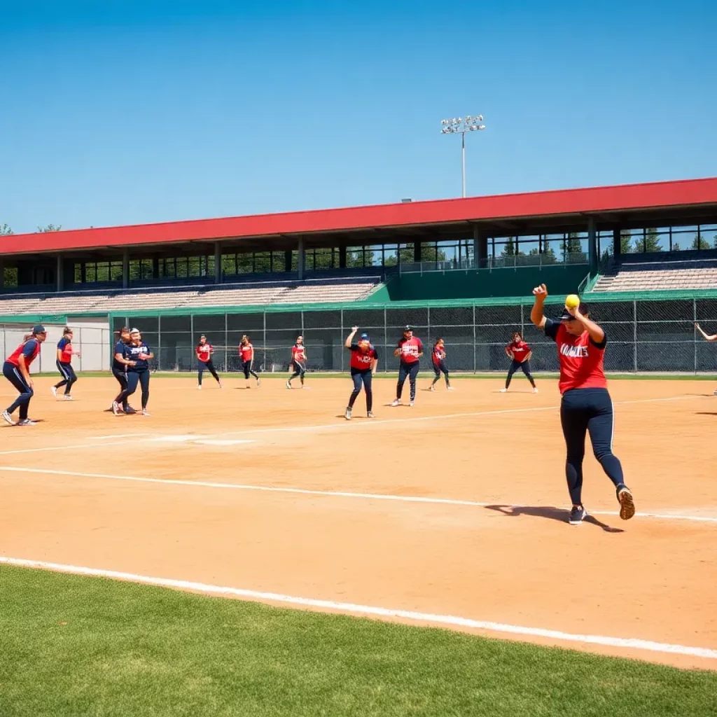 High school softball players practicing on a field