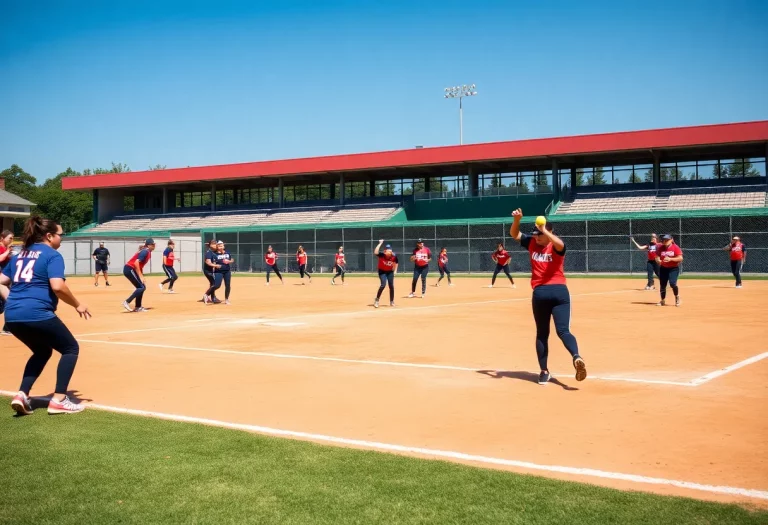 High school softball players practicing on a field