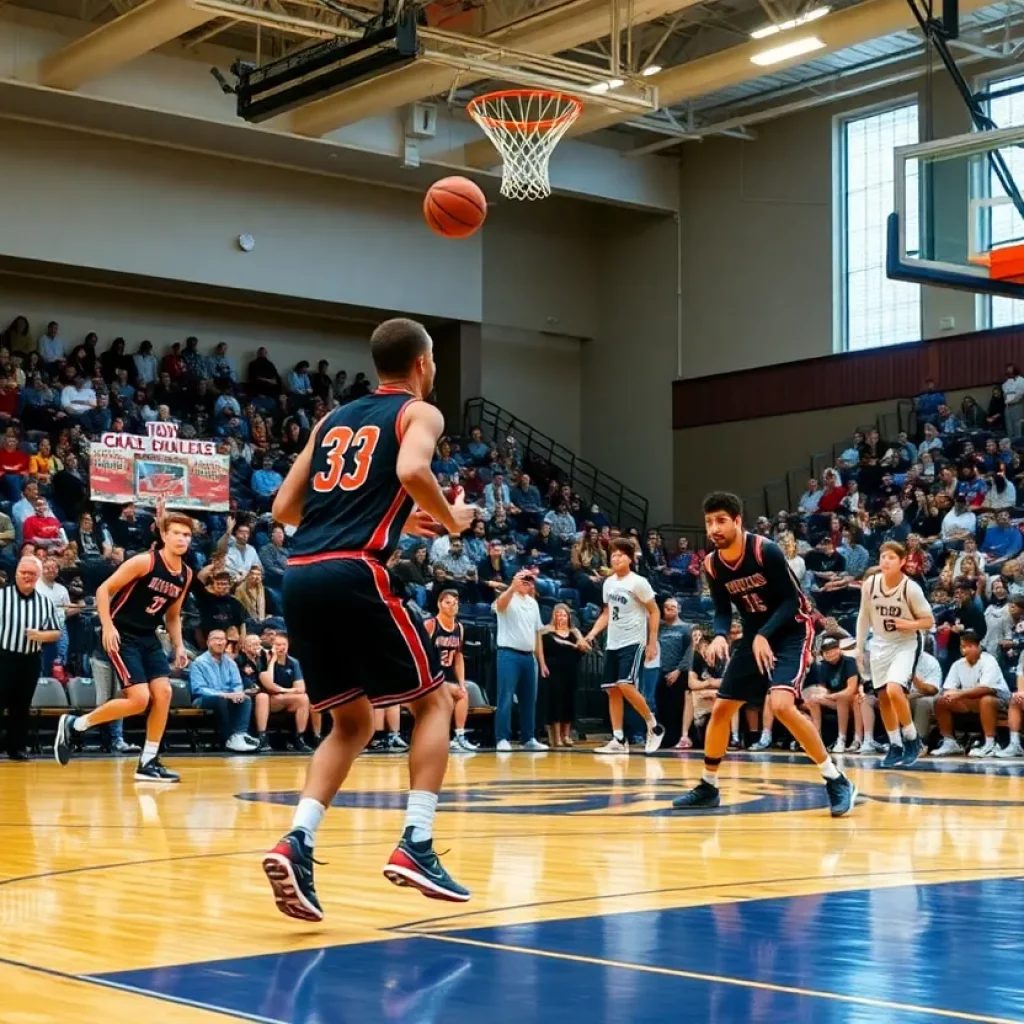 High school boys basketball players in mid-action on the court