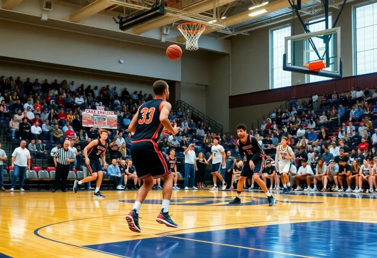 High school boys basketball players in mid-action on the court