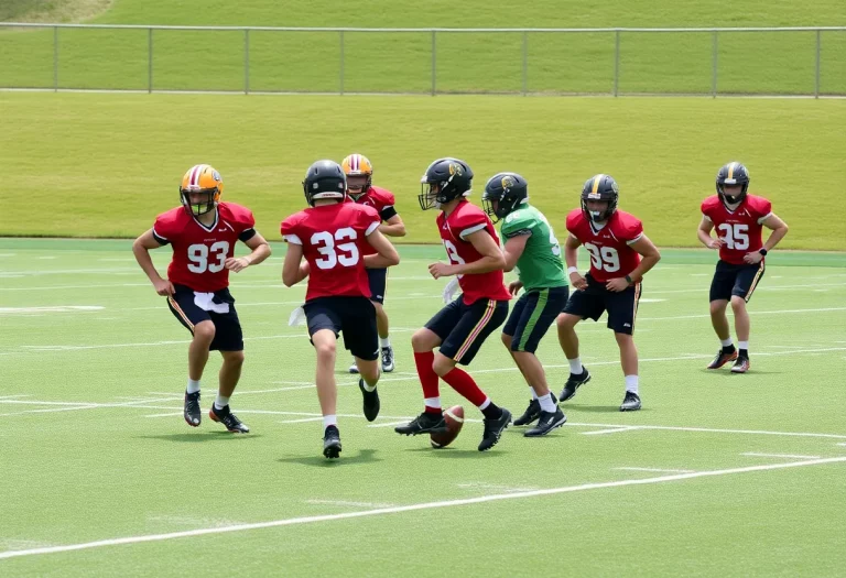 High school athletes practicing 7-on-7 football