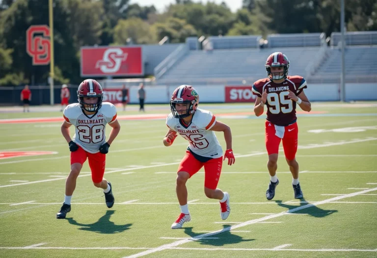 Young athletes training on a football field representing Oklahoma State Cowboys