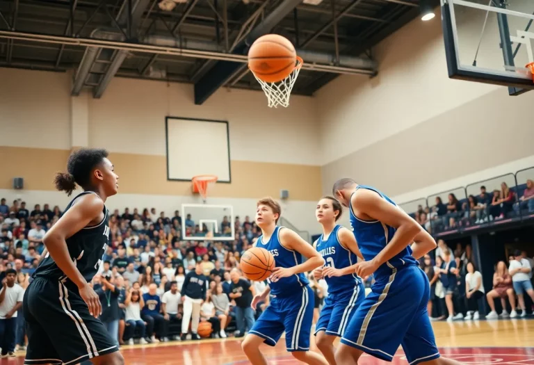 Exciting scene of a high school basketball game with players in action.