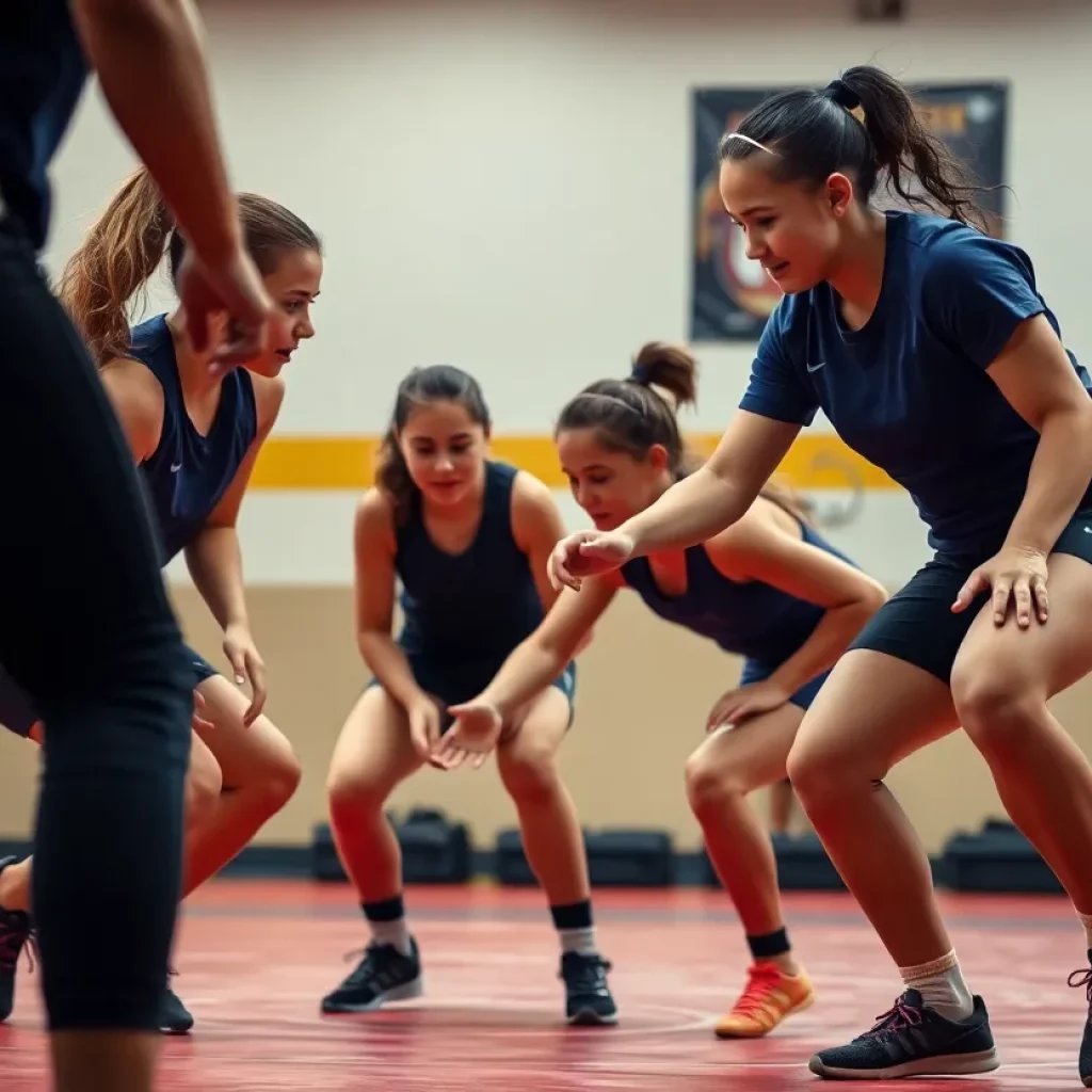 Young female wrestlers practicing at Perry High School