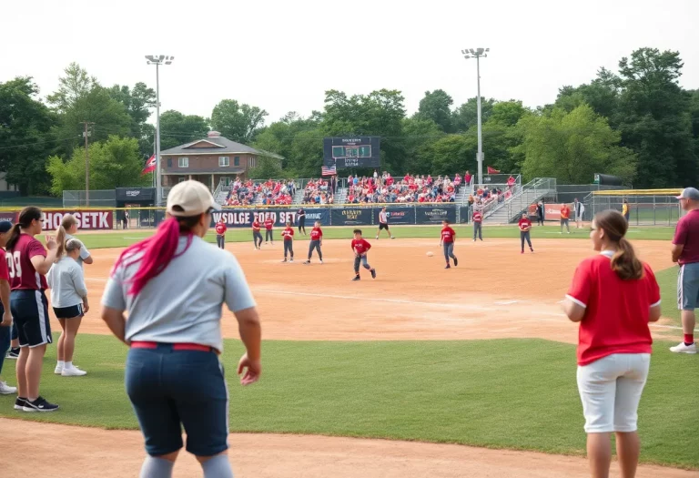 Softball field with players and fans at Riverton High School