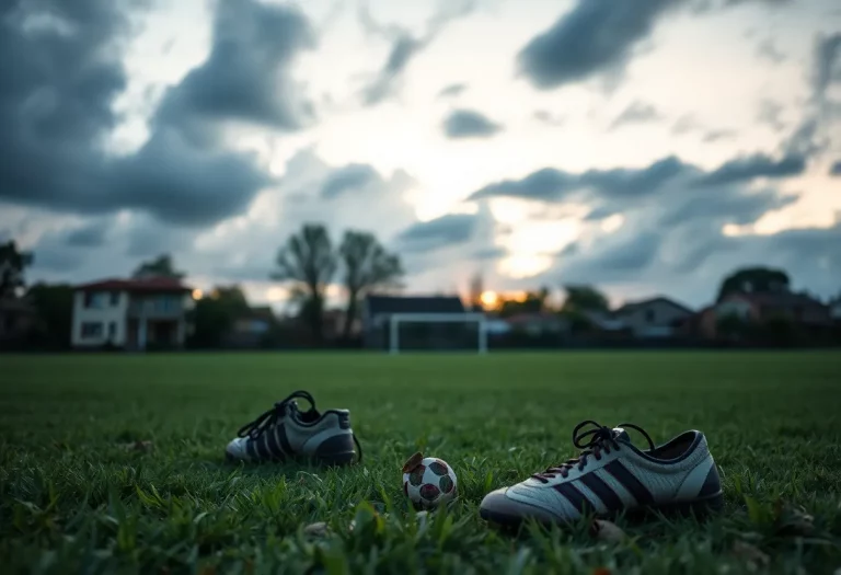 An empty soccer field with worn shoes, reflecting community concern.