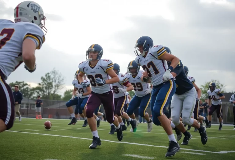 High school football players in action during a game in South Texas