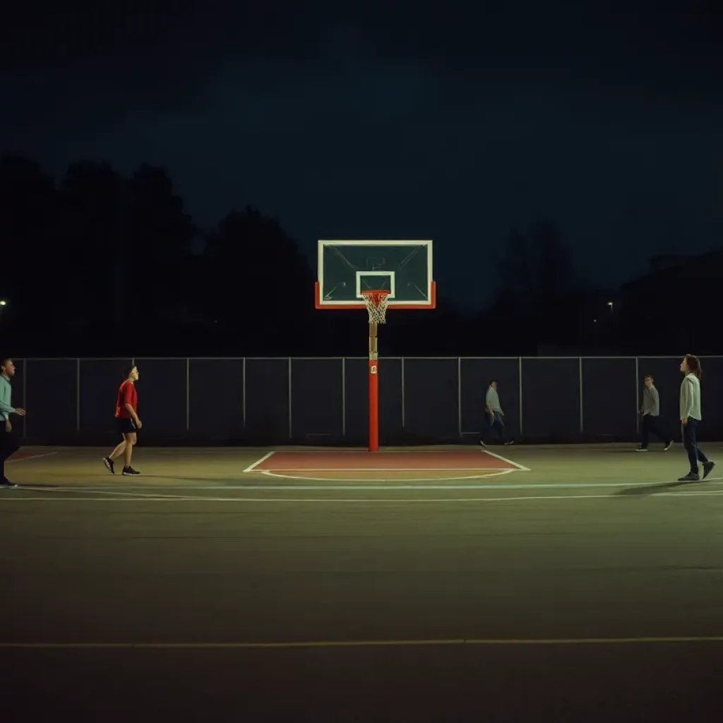 Scene of high school parking lot after basketball game