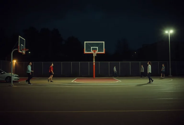 Scene of high school parking lot after basketball game