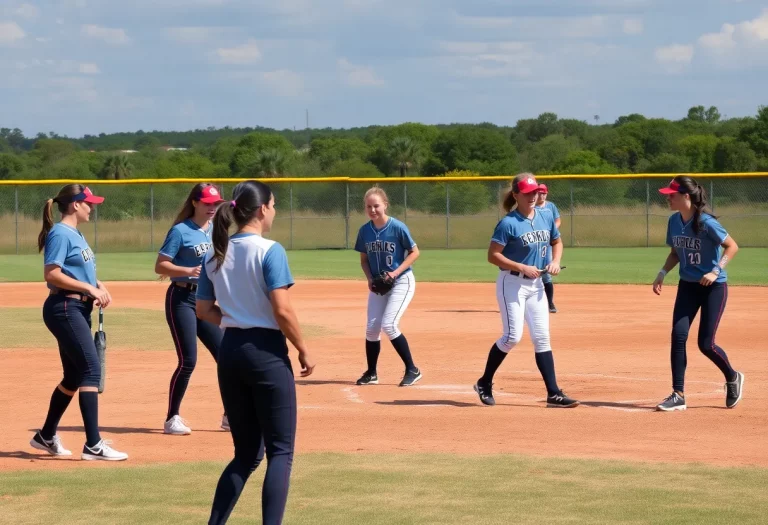 High school softball players practicing on the diamond in Texas