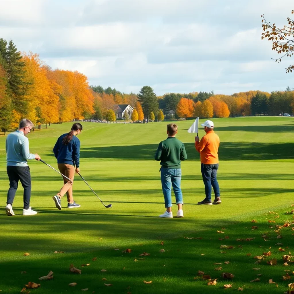 High school students practicing golf on a picturesque course during autumn.