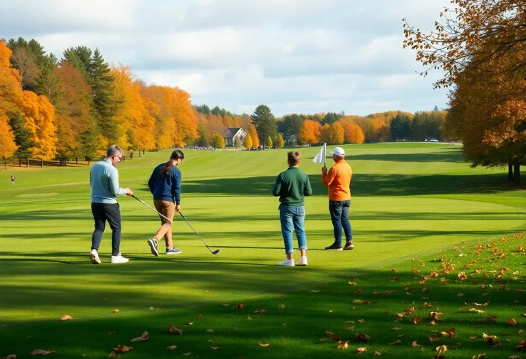 High school students practicing golf on a picturesque course during autumn.