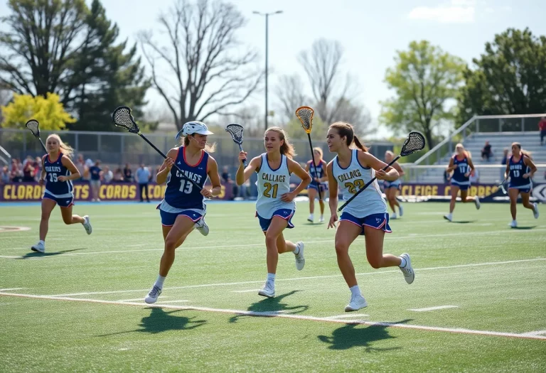 College lacrosse players competing in a game