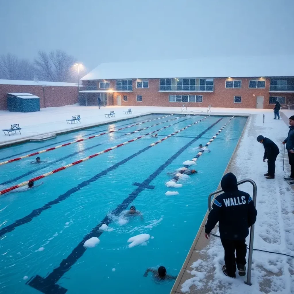 Swimmers preparing at a snowy swimming pool for the Virginia High School Championships.