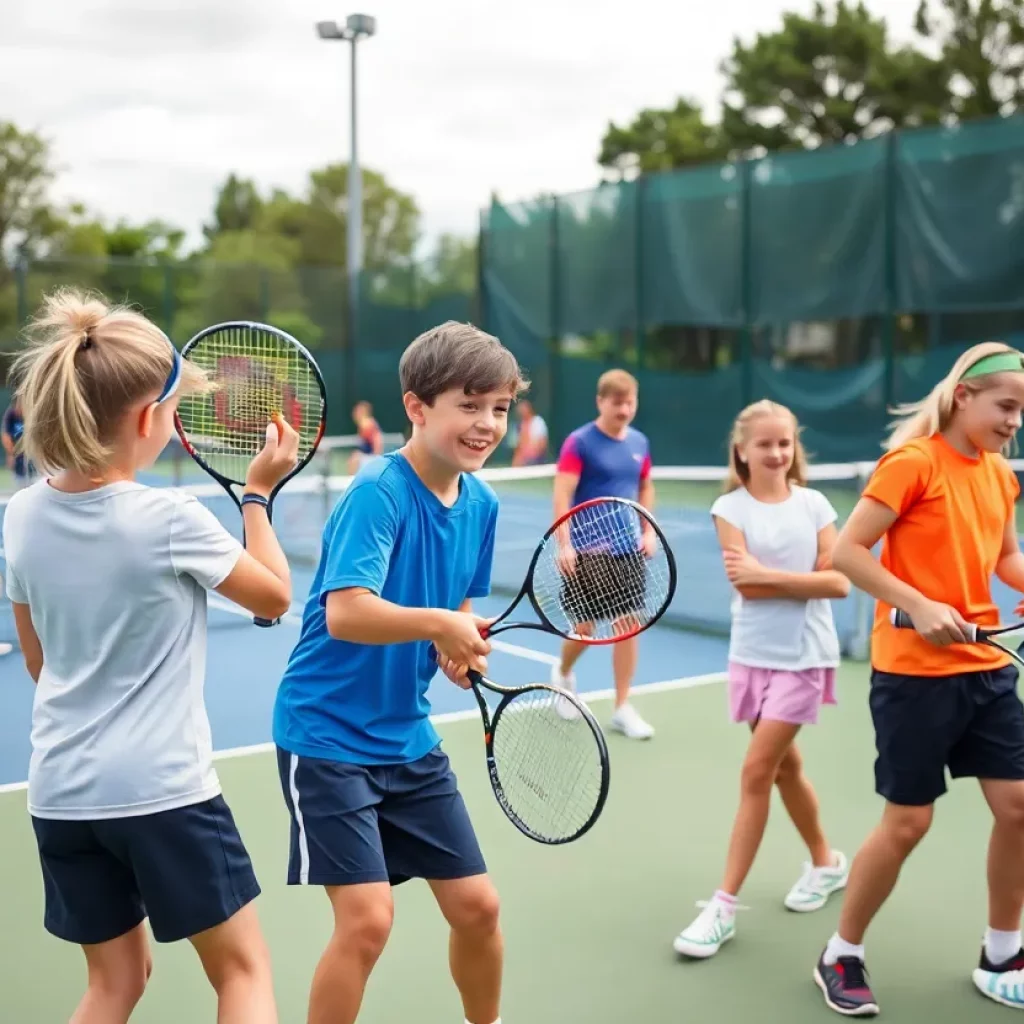 Players participating in tennis drills at the Wheeling Oglebay Tennis Club.