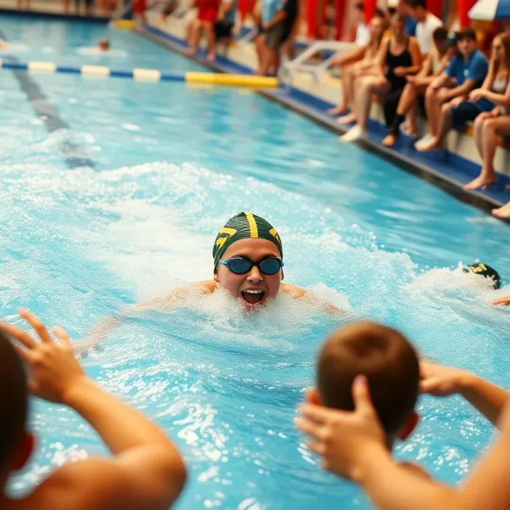 Young swimmer competing in a race at Texas 6A High School State Meet.