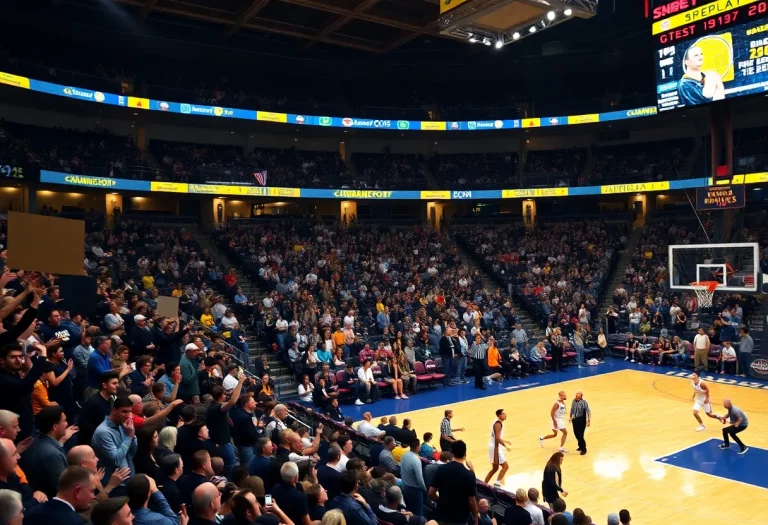 Fans cheering in a packed basketball arena during the CIAC Championships