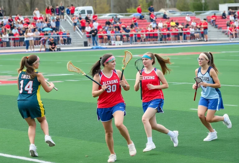 Girls high school lacrosse players in action on the field