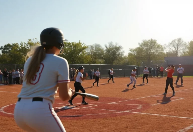 High school softball players in action on the field.