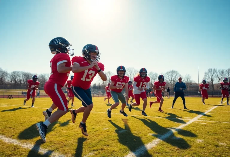 Young football players practice on a sunny day in Alabama