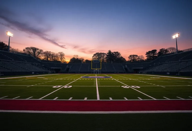 Empty football field at Apalachee High School during sunset