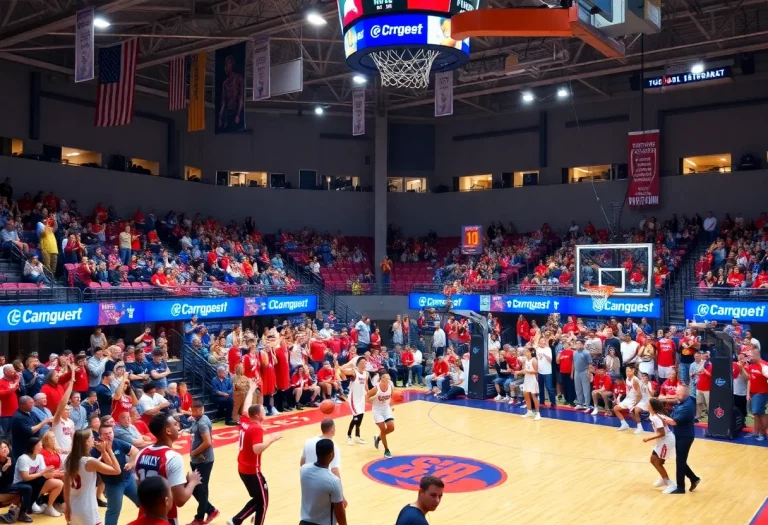 Energetic basketball tournament scene with players and fans