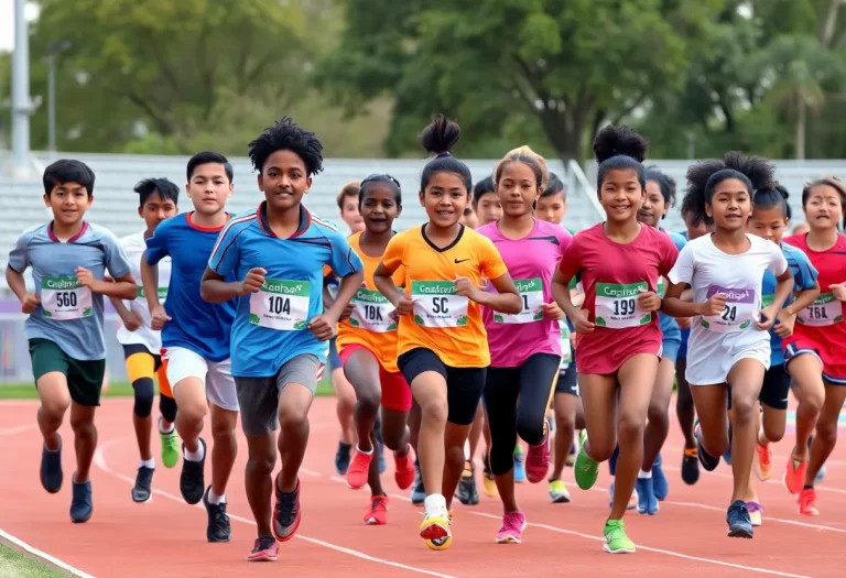 Diverse group of young athletes participating in a track event, promoting inclusivity.