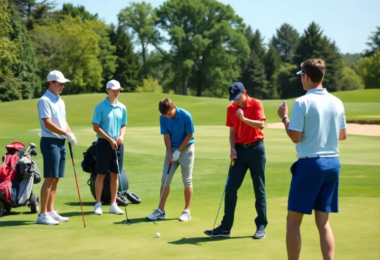 Golfers practicing on a lush golf course, demonstrating teamwork and enthusiasm for the sport.