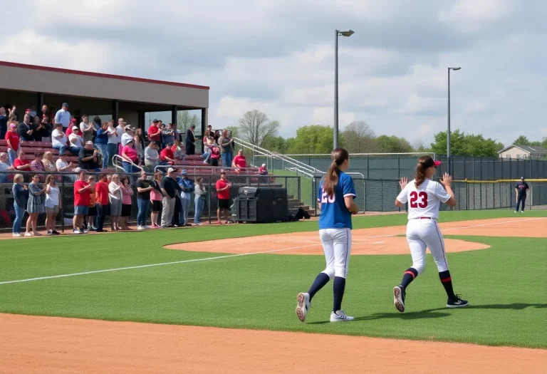 Softball players practicing on the field with spectators in the stands.