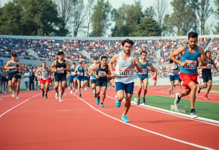 Athletes competing in a tense track relay race