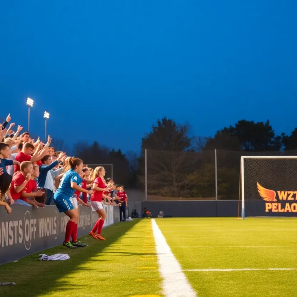 High school soccer players in a playoff match with fans in the background