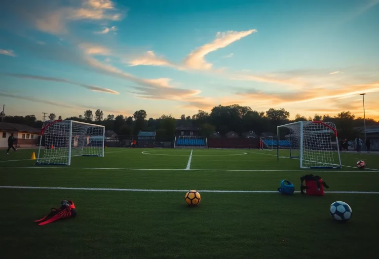 A soccer field in Blair Oaks set for a match, with goals and equipment visible.