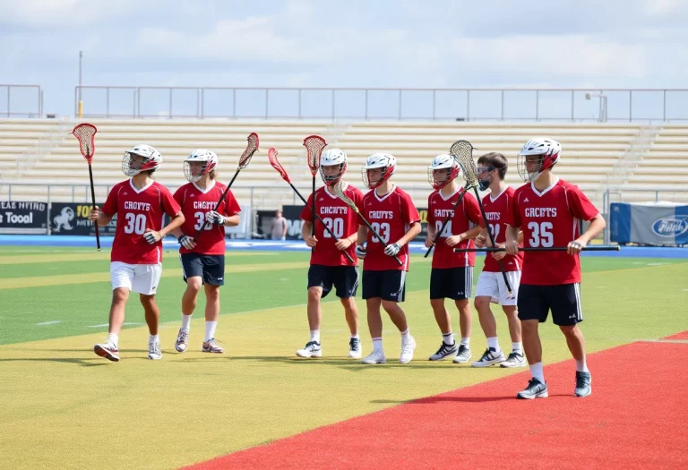 Boys lacrosse team practicing on the field