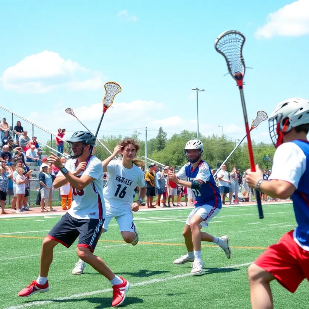 Boys playing lacrosse in a competitive match at New Windsor.