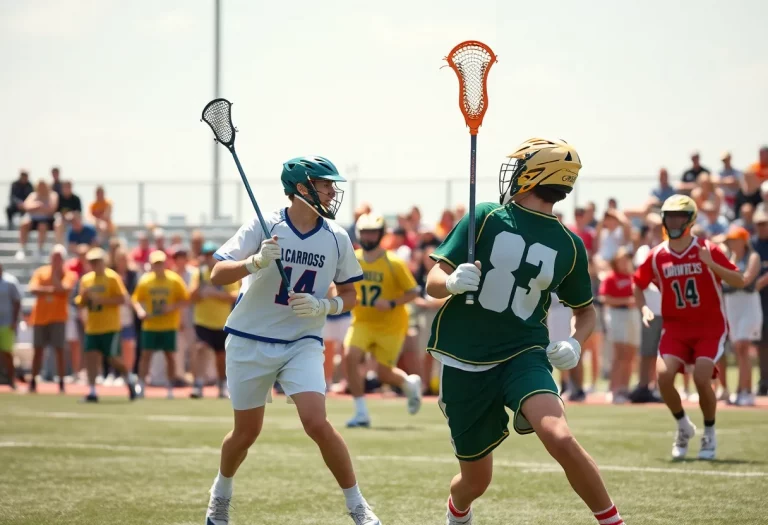 High school boys lacrosse teams competing on the field