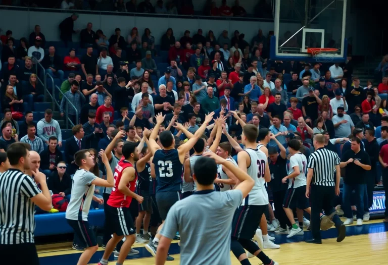 Chaotic scene of a brawl during a high school basketball game