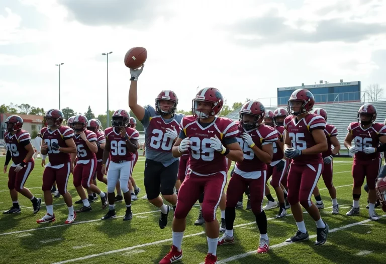 High school football players training together on a field.