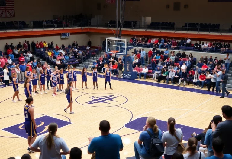 Two high school girls' basketball teams warming up for a championship game